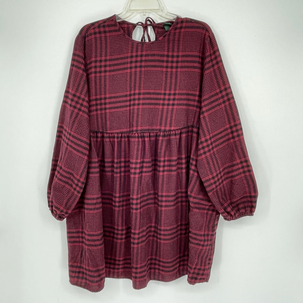 Wild Fable Women's Burgundy Plaid Babydoll Long Sleeve Mini Dress Size XL